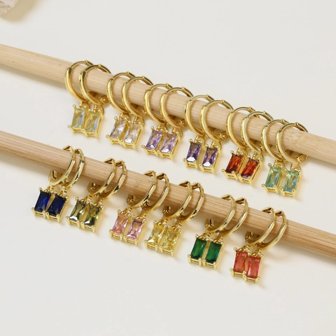 Brass Baguette Cut Birthstone Hoop Earrings Fashion Rectangular Zirconia Dangle Earrings For Women Jewelry Gift