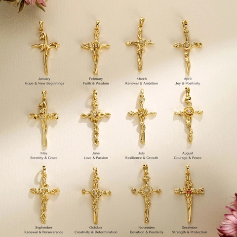 Birth Flower Cross Pendant Necklace Gold Plated Brass Floral Crucifix Chain Jewelry For Women Mothers Day Gift Vintage Style