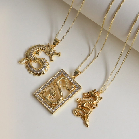 Fashion Brass Gold Plated Zirconia Dragon Pendant Necklace For Women Chinese Zodiac Dragon Jewelry Clavicle Chain Gift