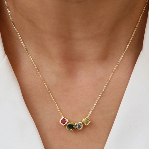 Collana Minimalista in Ottone con Ciondolo Pietra di Nascita Quadrato Geometrico Incastonatura Lunetta Regalo di Compleanno Donna