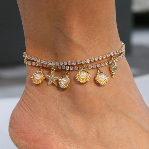 Women Zirconia Ocean Charms Anklet Copper Gold Plated Sea Shell Starfish Conch Pave Rhinestone Summer Beach Jewelry