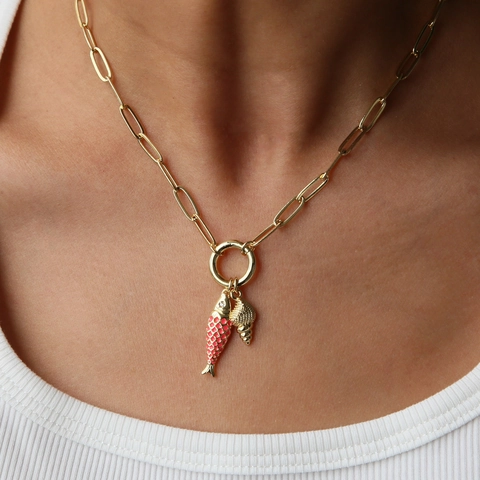 Ocean Theme Marine Life Pendant Necklace For Women Gold Plated Brass Enamel Fish Shell Starfish Charm Paperclip Chain Jewelry