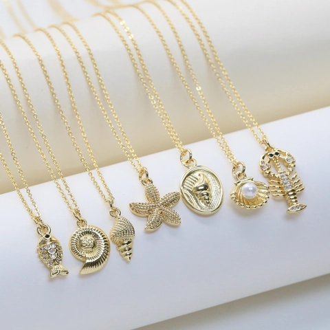 Bohemian Ocean Theme Brass Necklace With Fish Starfish Shell Lobster Zirconia Faux Pearl Pendant For Women Beach Jewelry