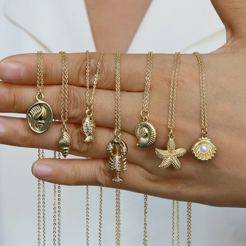 Bohemian Ocean Theme Brass Necklace With Fish Starfish Shell Lobster Zirconia Faux Pearl Pendant For Women Beach Jewelry