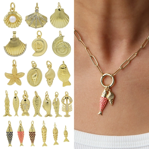 Ocean Theme Marine Life Pendant Necklace For Women Gold Plated Brass Enamel Fish Shell Starfish Charm Paperclip Chain Jewelry