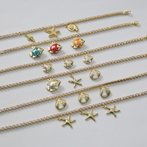 Tobillera de Tenis de Cobre Con Circonia para Mujer Playa Vacaciones Serie Océano Colgante Estrella de Mar Concha Pez Joyería Chapada en Oro Regalo
