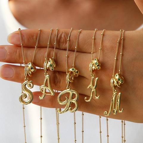 18K Gold Plated Brass Initial Letter Pendant Necklace With Green White Zirconia Cursive Alphabet Satellite Bead Chain