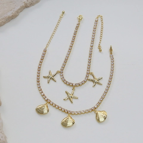 Tobillera de Tenis de Cobre Con Circonia para Mujer Playa Vacaciones Serie Océano Colgante Estrella de Mar Concha Pez Joyería Chapada en Oro Regalo