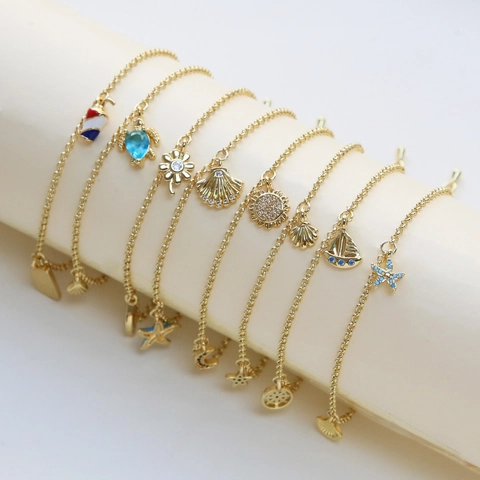 Bohemian Brass Zirconia Sea Conch Starfish Shell Pendant Anklet For Women Summer Beach Ocean Style Gold Foot Jewelry