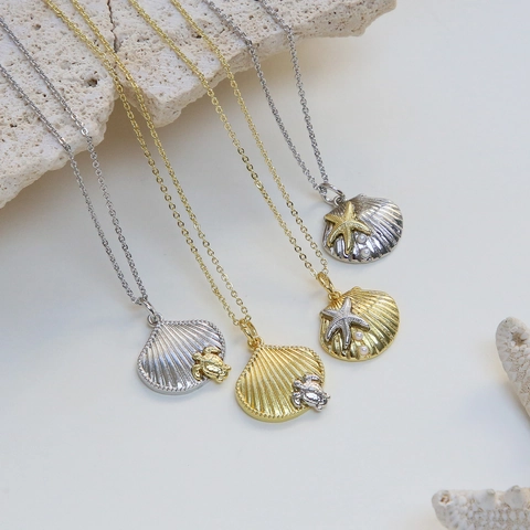 Oceaan Thema Sint-Jakobsschelp Zeeschildpad Zeester Hanger Ketting Oorbellen Sieradenset Goud Zilver Messing Voor Vrouwen