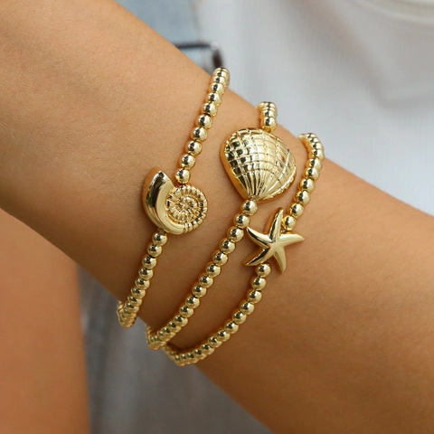 Bracelet Élastique en Perles de Laiton Bohème pour Femmes Avec Breloques Créatures Marines Escargot de Mer Étoile de Mer Bijoux de Plage
