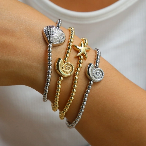 Bracelet Élastique en Perles de Laiton Bohème pour Femmes Avec Breloques Créatures Marines Escargot de Mer Étoile de Mer Bijoux de Plage