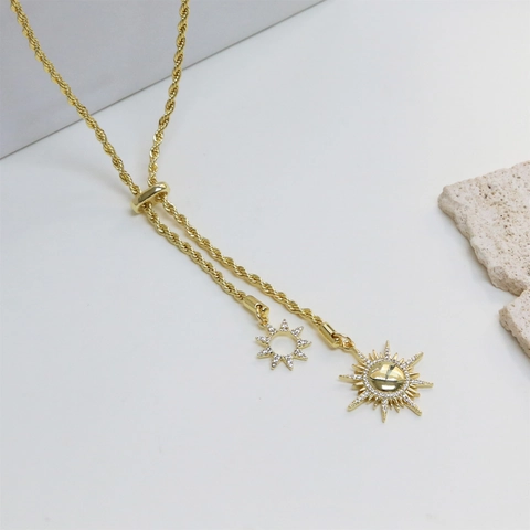 Collar de Colgante de Girasole de Latón Chapado en Oro de Lujo para Mujer con Circonita Incrustada Cadena de Cuerda en Forma de Y
