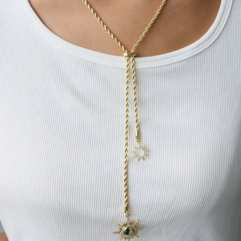 Collar de Colgante de Girasole de Latón Chapado en Oro de Lujo para Mujer con Circonita Incrustada Cadena de Cuerda en Forma de Y