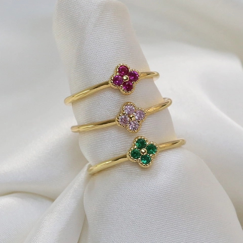 Vergoldeter Kupfer Kleeblatt Ring Damen Bunte Zirkonia Blume Offen Verstellbarer Ring Minimalistischer Eleganter Handschmuck