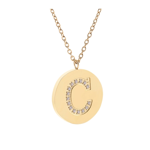 Collier Pendentif Alphabet Rond en Acier Titane 316L Vintage pour Femme Plaqué Or Micro Incrusté Strass Bijoux Lettre Initiale