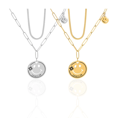Collier Double Couche en Acier Inoxydable Avec Pendentif Visage Souriant pour Homme Femme Streetwear Punk Bijoux