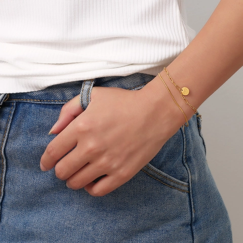 Pulsera de Acero Inoxidable de Doble Capa de Moda para Mujer Colgante de Estrella Cara Sonriente Joyería de Pulsera de Cadena Grabada Lucky de Acero de Titanio