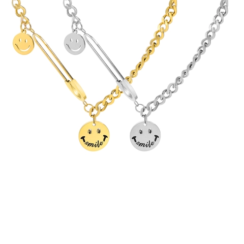 Collier Double Couche en Acier Inoxydable Avec Pendentif Visage Souriant pour Homme Femme Streetwear Punk Bijoux