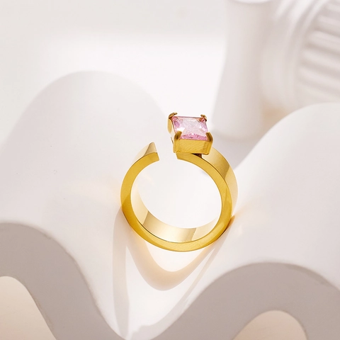Bague en Acier Inoxydable Vintage avec Zirconia Coloré Carré Pierre Ajustable Ouverte Géométrique Bijoux pour Femmes