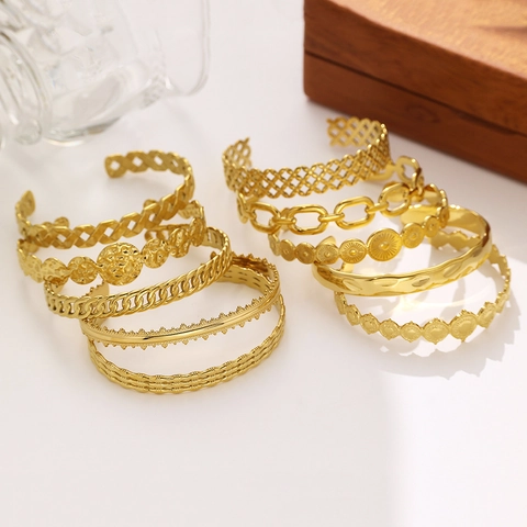Bracelet Jonc Vintage en Acier Inoxydable Plaqué Or 18K Pour Femmes Bracelet Ouvert Réglable Punk Texture Maille Bijoux