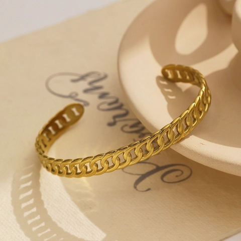 Bracelet Jonc Vintage en Acier Inoxydable Plaqué Or 18K Pour Femmes Bracelet Ouvert Réglable Punk Texture Maille Bijoux