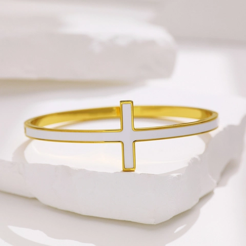 Nischendesign Edelstahl Kreuz Emaille Offener Armreif Vergoldet Vakuumbeschichtung Modeschmuck Für Damen
