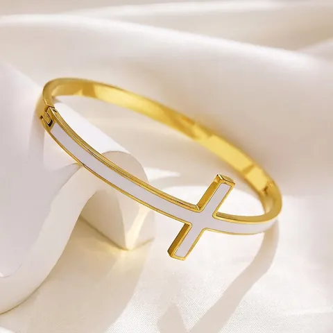 Nischendesign Edelstahl Kreuz Emaille Offener Armreif Vergoldet Vakuumbeschichtung Modeschmuck Für Damen