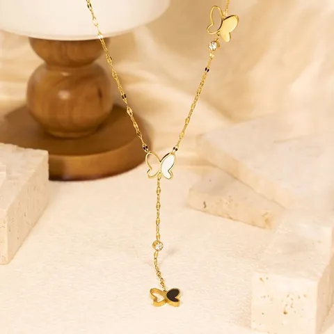 Collana A Y Farfalla Acciaio Al Titanio Oro Cavo Conchiglia Smalto Zircone Ciondolo Nappa Lunga Gioielli Eleganti Per Donna