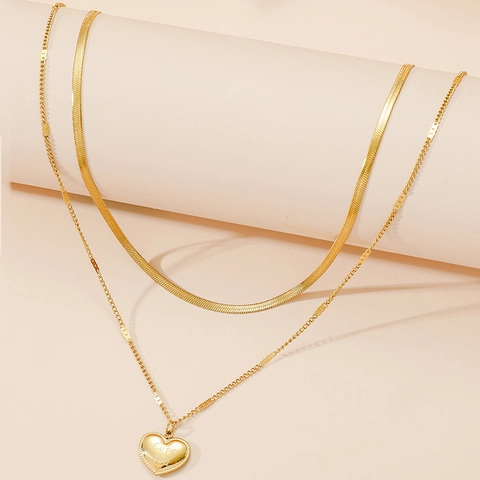 Collar de Doble Capa de Acero Inoxidable con Corazón para Mujer Oro Cadena de Serpiente Colgante Love You Joyería
