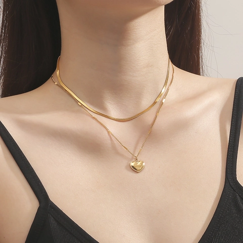 Collar de Doble Capa de Acero Inoxidable con Corazón para Mujer Oro Cadena de Serpiente Colgante Love You Joyería
