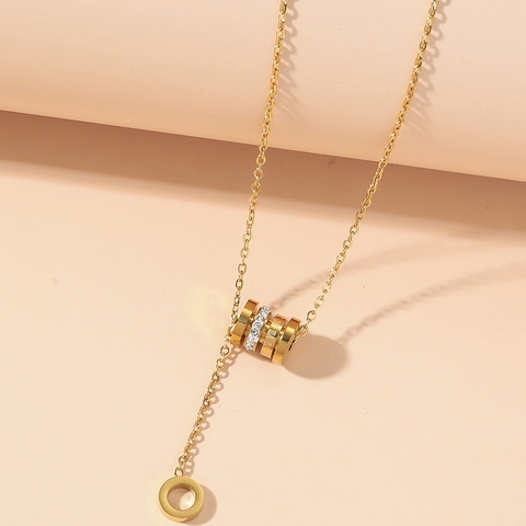 Women Stainless Steel Cylindrical Pendant Necklace Gold Plated With Zirconia Roman Numerals Tassel Clavicle Chain Jewelry Gift