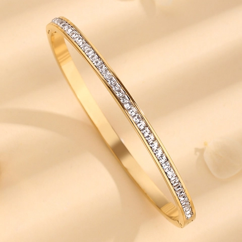 Mode 304 Edelstahl Einreihige Strass Armband Ring 18 Karat Vergoldet Zirkonia Armreif Für Damen Schmuck