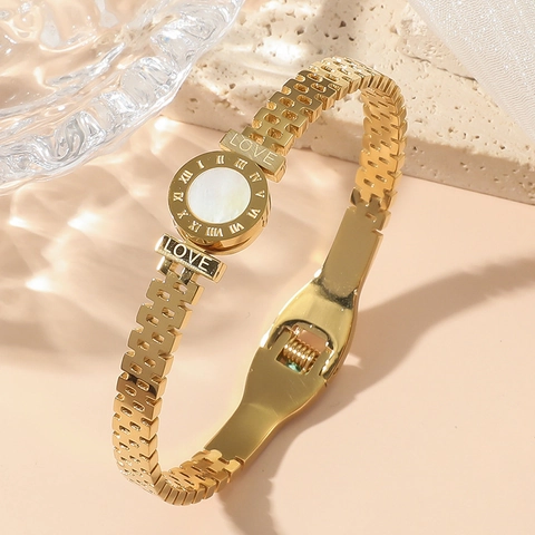Edelstahl Armreif Mit Römischen Zahlen Und Perlmutt-Inlay Love Gravur Gold Silber Vergoldet Mode Handschmuck