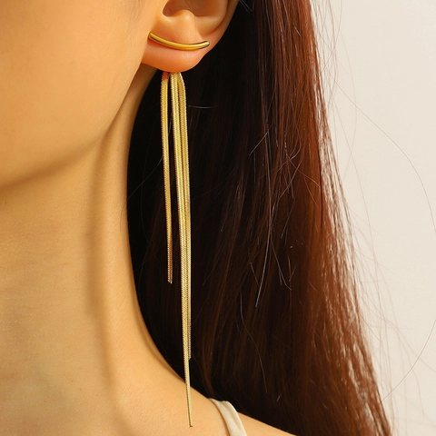 Pendientes de Botón de Acero de Titanio con Borla para Mujer Cadena de Hueso de Serpiente Oro Plata Chapado Joyería