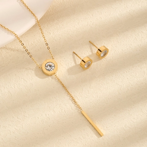Titanstahl Schmuckset Für Damen Vergoldet Römische Zahlen Y-Form Quaste Strass Halskette Und Ohrstecker Minimalistischer Stil