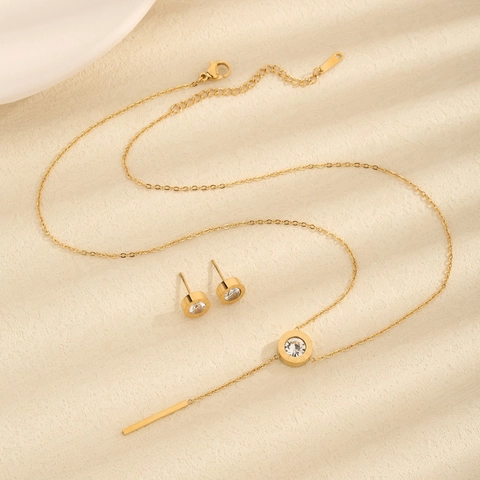 Titanstahl Schmuckset Für Damen Vergoldet Römische Zahlen Y-Form Quaste Strass Halskette Und Ohrstecker Minimalistischer Stil