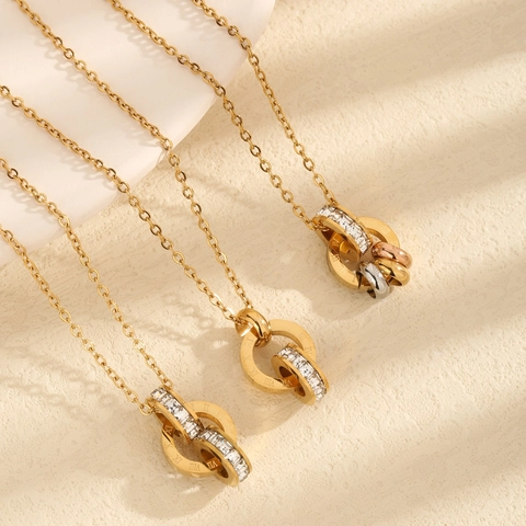 Titanstahl Römische Zahlen Ineinandergreifende Doppelkreis Anhänger Halskette Für Damen Gold Silber Roségold Galvanisiert Zirkonia Schlüsselbeinkette