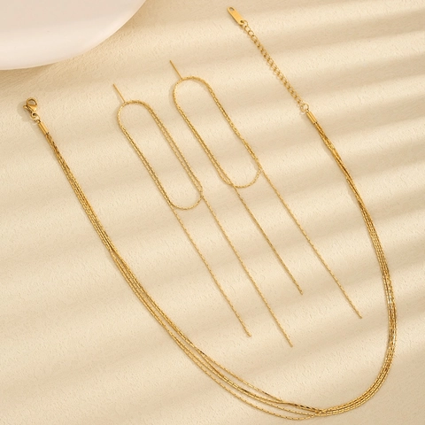 Minimalist Stainless Steel Gold Plated Multi-layer Necklace And Long Tassel Drop Earrings For Women Fashion Jewelry Accessory