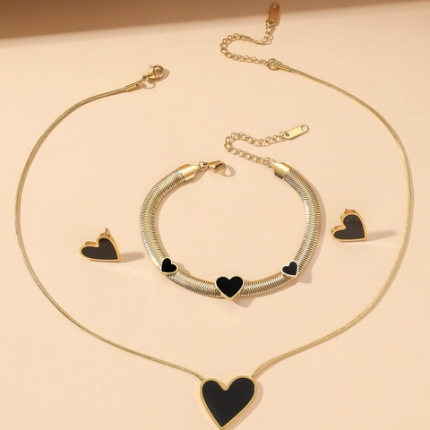 Edelstahl Vergoldet Schwarz Emaille Herz Anhänger Halskette Armband Und Ohrringe Set Minimalistische Schlangenkette Schmuck