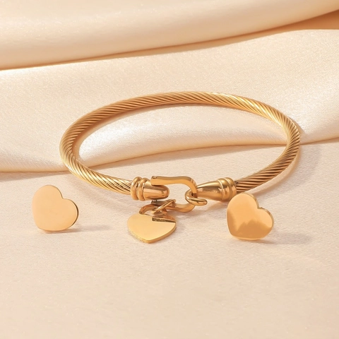 Edelstahl Herz Schmuckset Für Damen Gold Überzogen Gedrehtes Kabel Offenes Armband Und Ohrstecker Täglicher Modeschmuck