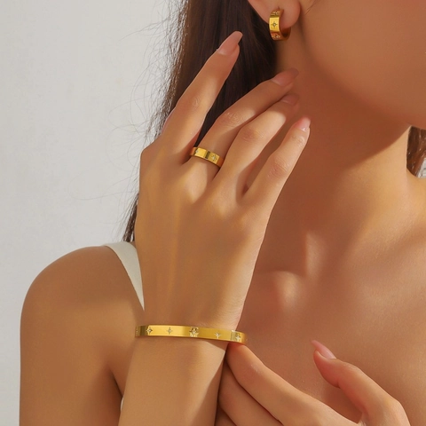 Brazalete Anillo Pendientes de Acero Inoxidable Chapado en Oro Con Zirconia de Estrella para Mujer Accesorios de Moda Diaria Joyería de Lujo