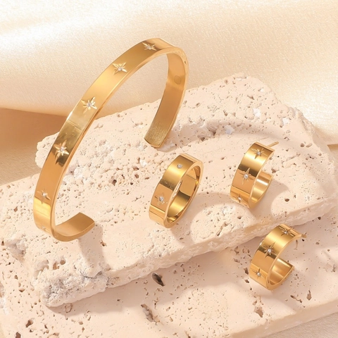 Brazalete Anillo Pendientes de Acero Inoxidable Chapado en Oro Con Zirconia de Estrella para Mujer Accesorios de Moda Diaria Joyería de Lujo