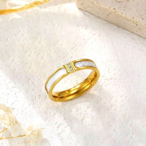 Bague à la Mode en Acier Inoxydable pour Femme Or Argent Or Rose avec Zirconium et Nacre Blanche Incrustée