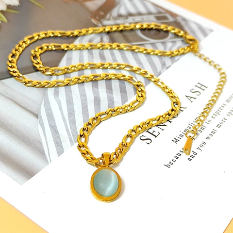 Collier Pendentif Zirconia Ovale Vert Menthe Vintage pour Femmes Plaqué Or 18K Acier Titane Chaîne Figaro Collier Clavicule Bijoux de Mode