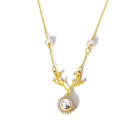 Elegante Collana con Ciondolo a Forma di Corno di Alce e Perla Artificial per Donna Placcato in Oro 18K Acciaio al Titanio Zircone Gioielli