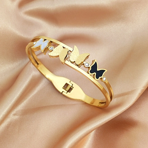 Bracelet Jonc Papillon en Acier Titane Élégant pour Femme Nacre Émail Noir Double Rangée Strass Bijoux Mode