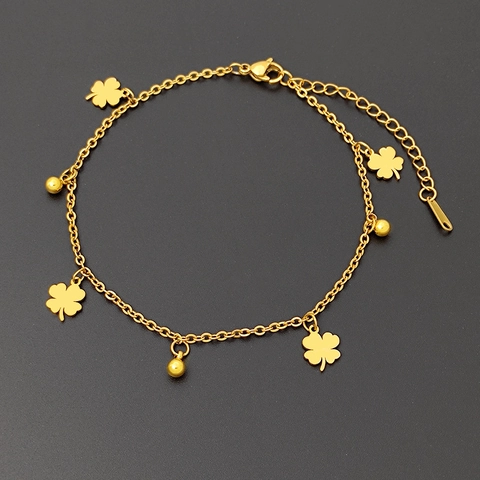 Titanstahl Glücksbringer Vierblättriges Kleeblatt Fußkettchen Für Damen Gold Vergoldet Perle Anhänger Fußkette Minimalistisch Koreanisch Modeschmuck Geschenk