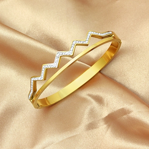 Fashion 316L Stainless Steel Wave Bangle With Pavé Zirconia Rhinestone Geometric Minimalist Bangle Bracelet For Women Jewelry
