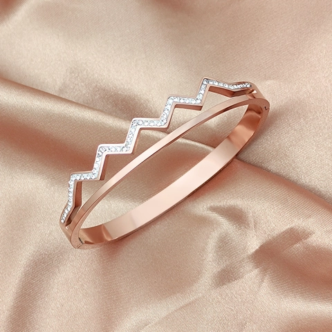 Fashion 316L Stainless Steel Wave Bangle With Pavé Zirconia Rhinestone Geometric Minimalist Bangle Bracelet For Women Jewelry